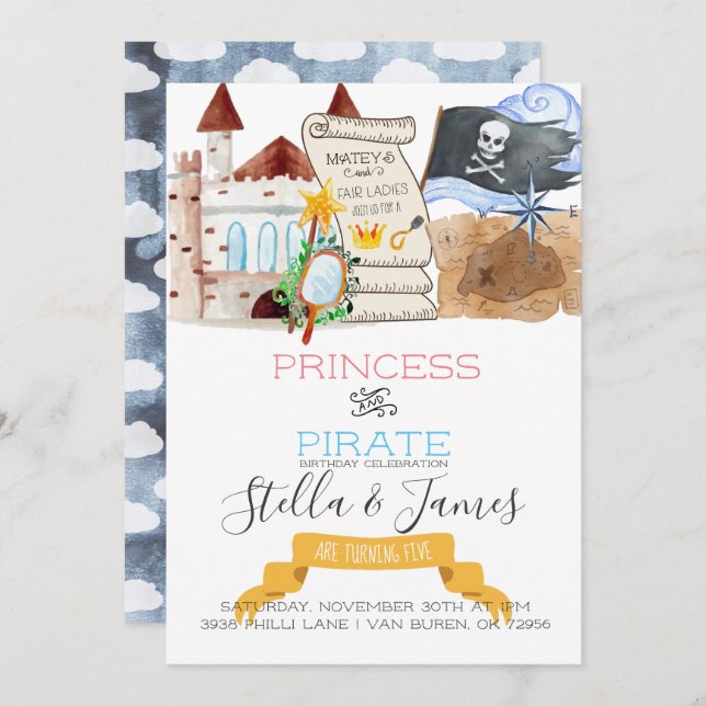 Princess & Pirate Joint Birthday Party Invitation (Front/Back)