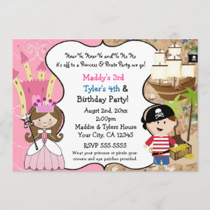 Princess & Pirate Party Invitations Brown Hair