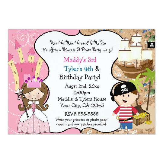 Princess Pirate Party Invitations Brown Hair Zazzle Com