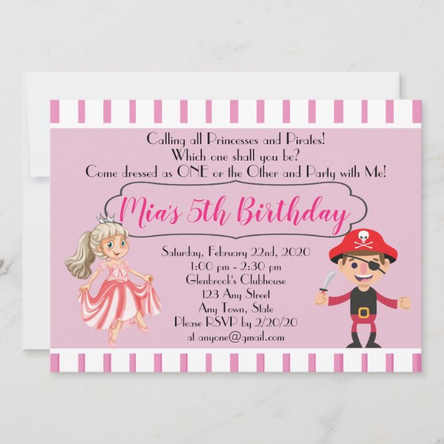 Princess Pirate Theme Birthday Party Invitation (Front)