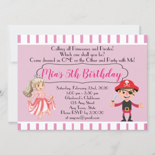 Princess Pirate Theme Birthday Party Invitation