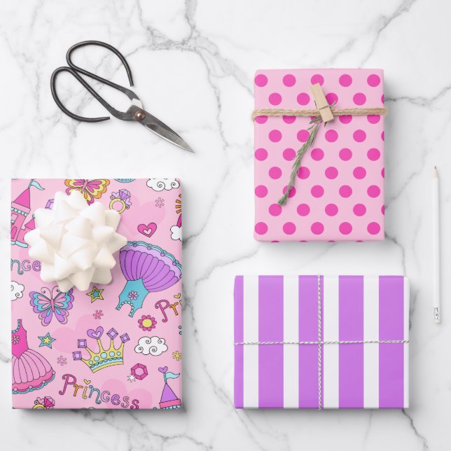 Princess Polka Dots & Stripes Wrapping Paper Set (Front)