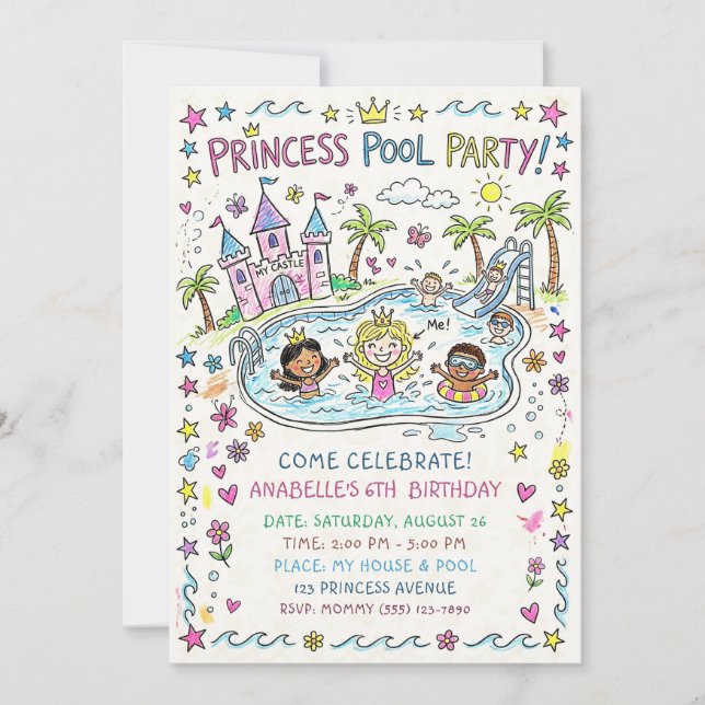 Princess Pool Party Invitation (Front)