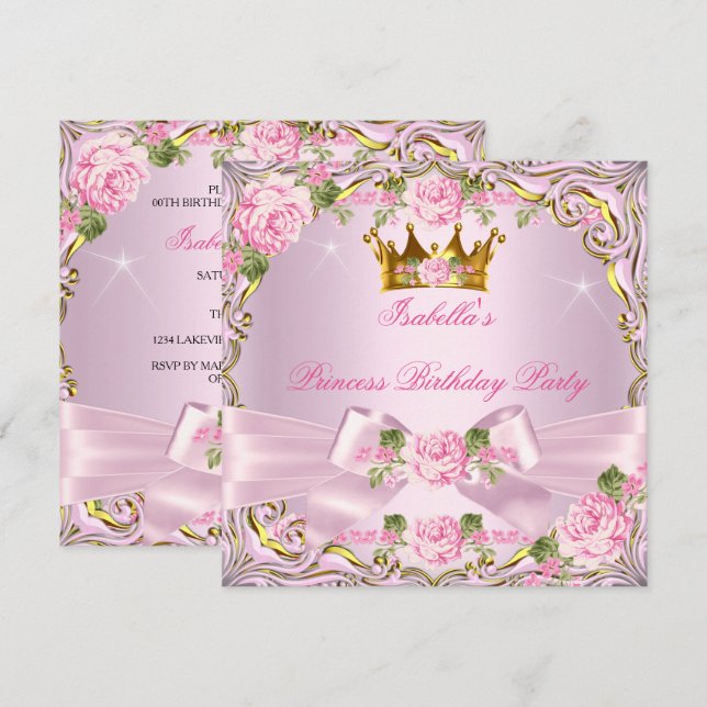 Princess Pretty Blush Pink Roses Gold Birthday Invitation (Front/Back)