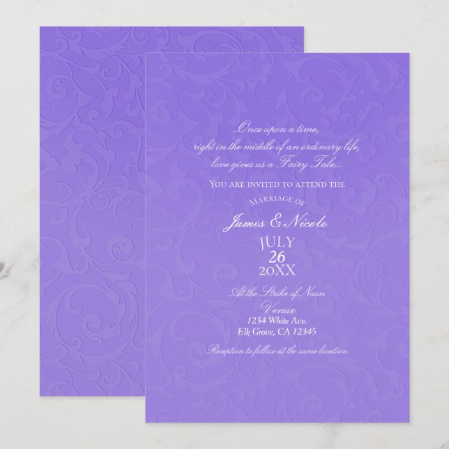 Princess Purple Damask Storybook Elegant Wedding Invitation (Front/Back)