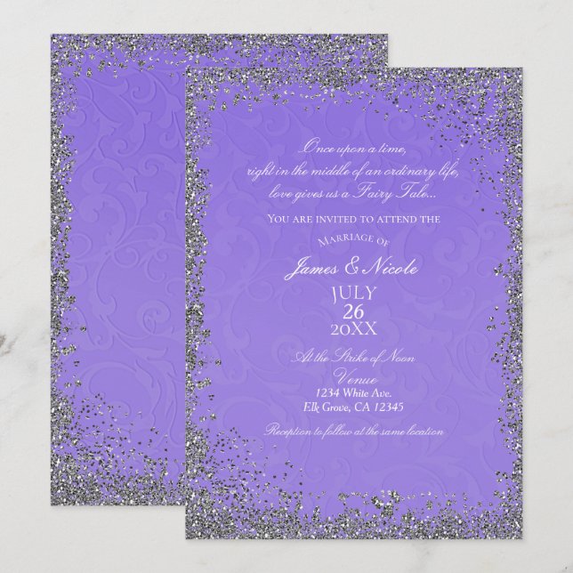 Princess Purple Damask Storybook Elegant Wedding Invitation (Front/Back)