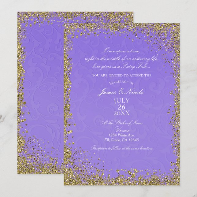 Princess Purple Damask Storybook Elegant Wedding Invitation (Front/Back)