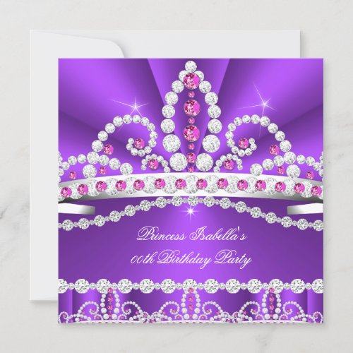 Princess Purple Hot Pink Diamond Tiara Birthday Invitation