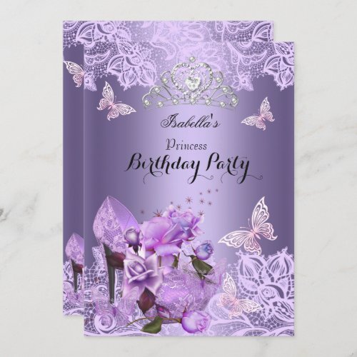 Princess Purple Lilac High Heel Rose Birthday 3 Invitation