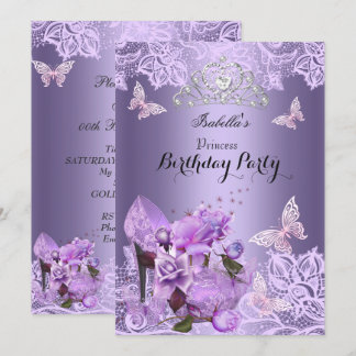 Princess Purple Lilac High Heel Rose Birthday 3 Invitation
