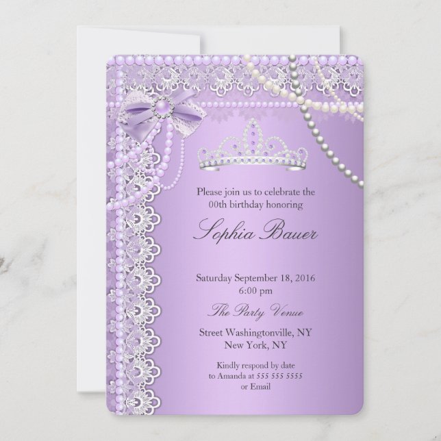 Princess Purple Pearl Bow Lace Birthday Party Invitation (Front)