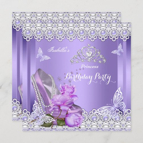 Princess Purple Pearls Rose High Heel Birthday Invitation