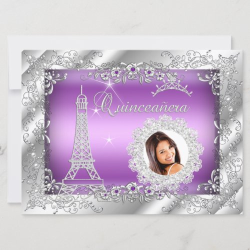 Princess Purple Quinceanera Silver Photo BIG Invitation