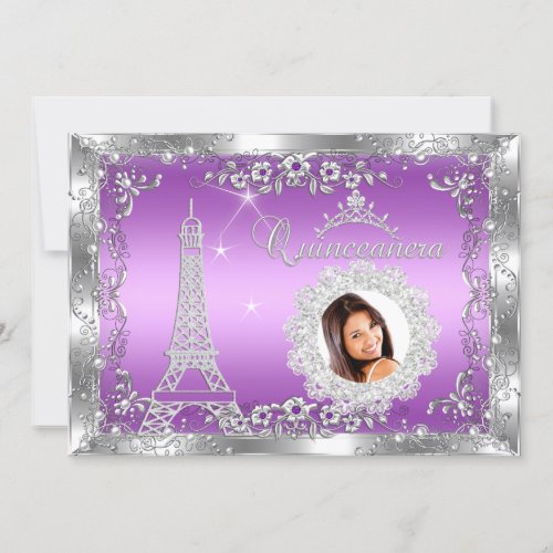 Princess Purple Quinceanera Silver Photo Party Invitation