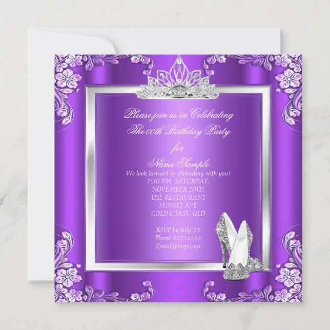 Princess Purple Silver High Heels Birthday Party Invitation (Front)