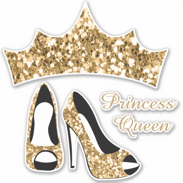 Princess Queen Gold Glitter Crown High Heels Sticker (Front)