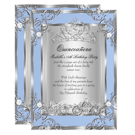 Princess Quinceanera 15th Birthday Blue Silver Invitation 0782