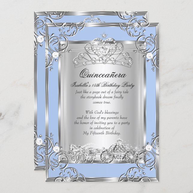 Princess Quinceanera 15th Birthday Blue Silver Invitation (Front/Back)