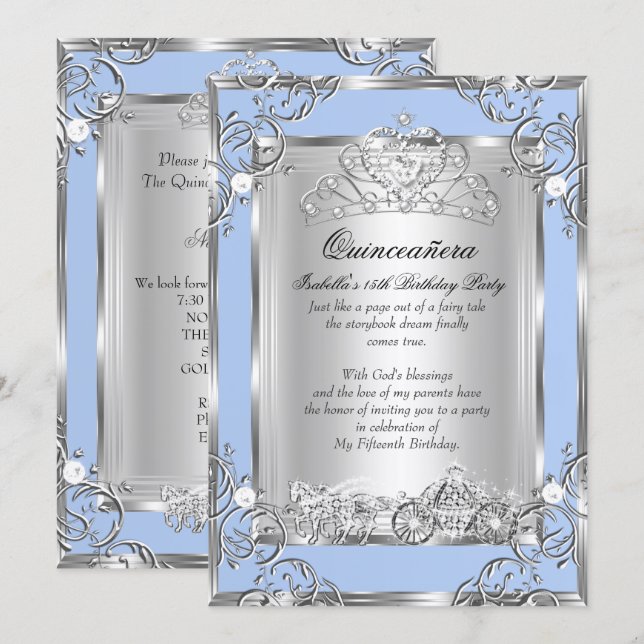 Princess Quinceanera 15th Birthday Blue Silver Invitation (Front/Back)