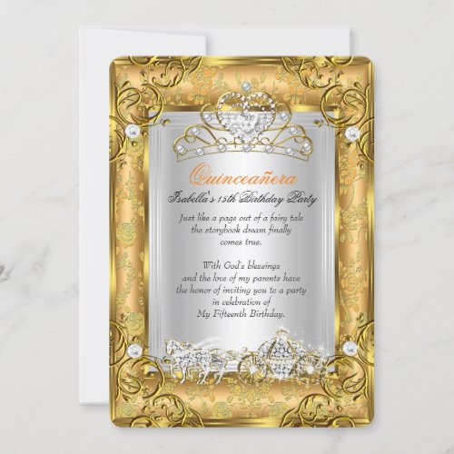 Princess Quinceanera 15th Birthday Gold Damask Invitation