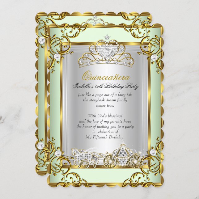 Princess Quinceanera 15th Birthday Mint Green Invitation (Front/Back)