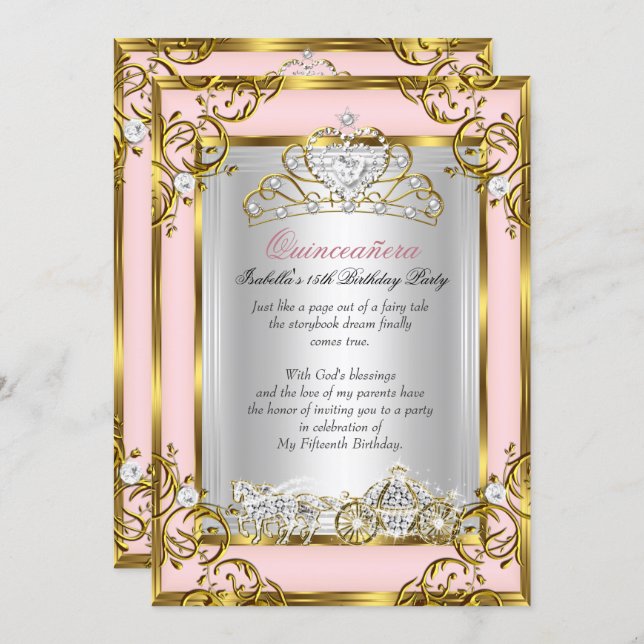 Princess Quinceanera 15th Birthday Pink Peach Invitation (Front/Back)
