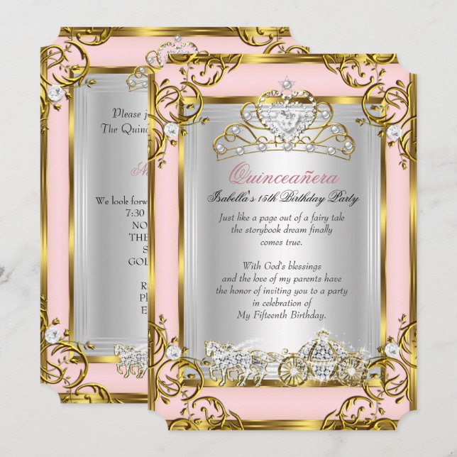 Princess Quinceanera 15th Birthday Pink Peach Invitation (Front/Back)