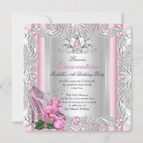 Princess Quinceanera 15th Birthday Pink Rose Invitation