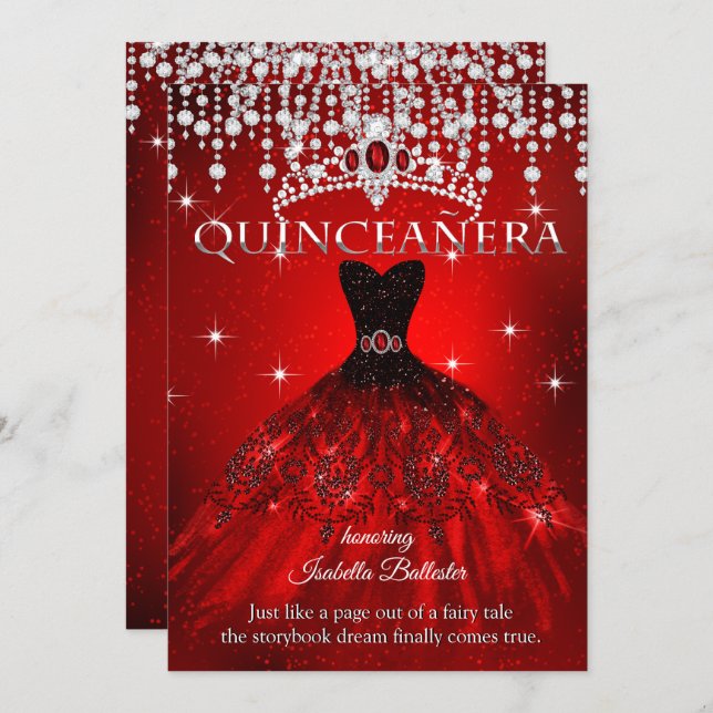 Princess Quinceanera 15th Birthday Red Tiara Invitation (Front/Back)