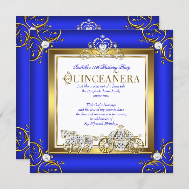 Princess Quinceanera 15th Birthday Royal Blue Gold Invitation (Front/Back)