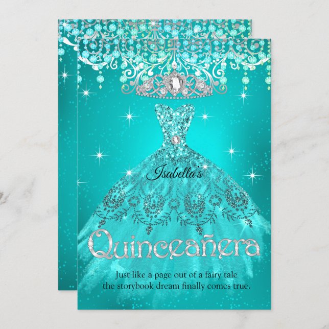 Princess Quinceanera 15th Birthday Teal Aqua Tiara Invitation (Front/Back)