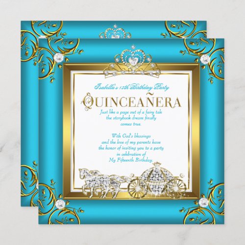 Princess Quinceanera 15th Birthday Teal Blue Gold Invitation