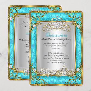 Princess Quinceanera 15th Birthday Teal Damask Invitation
