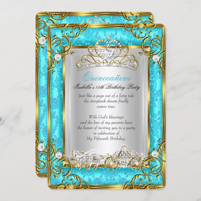 Princess Quinceanera 15th Birthday Teal Damask Invitation (Front/Back)