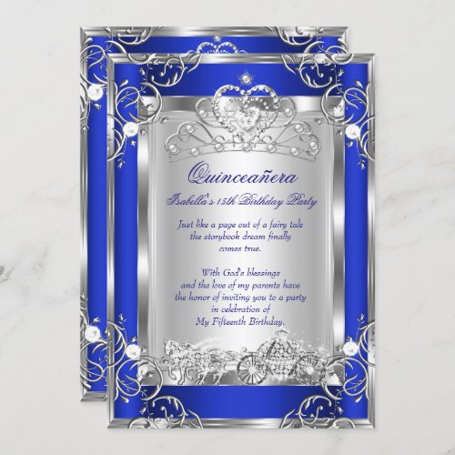 Princess Quinceanera 15th Party Deep Blue Silver Invitation