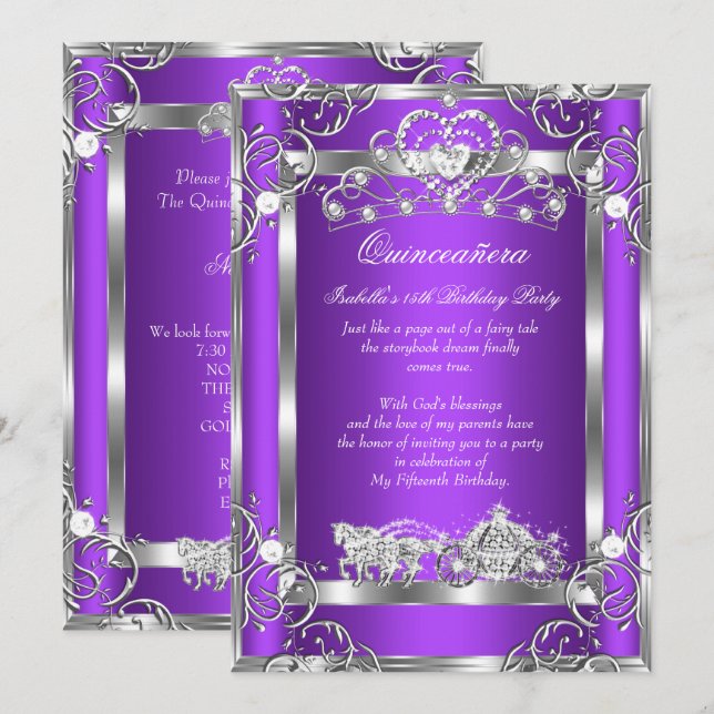 Princess Quinceanera 15th Party Purple Silver Invitation (Front/Back)