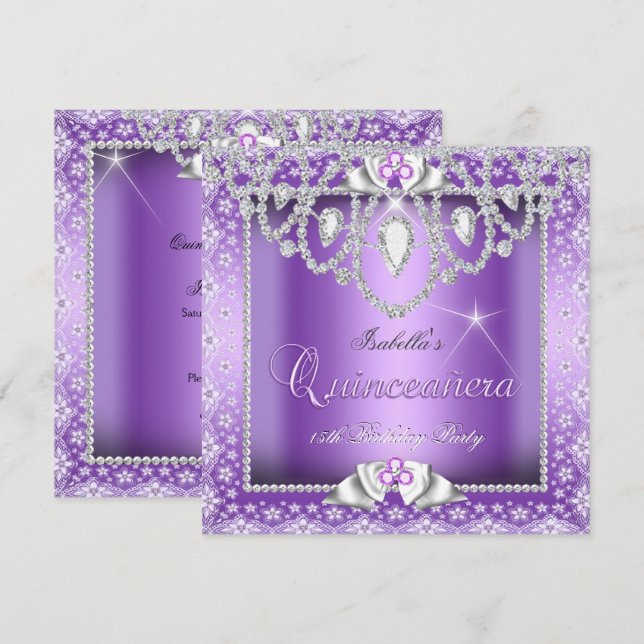 Princess Quinceanera 15th Purple Lace Diamond Invitation (Front/Back)