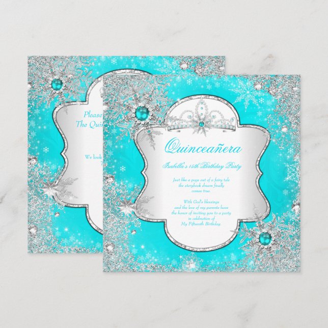 Princess Quinceanera Aqua Teal Winter Wonderland Invitation (Front/Back)