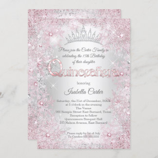 Princess Quinceanera Birthday Party Pink Silver Invitation