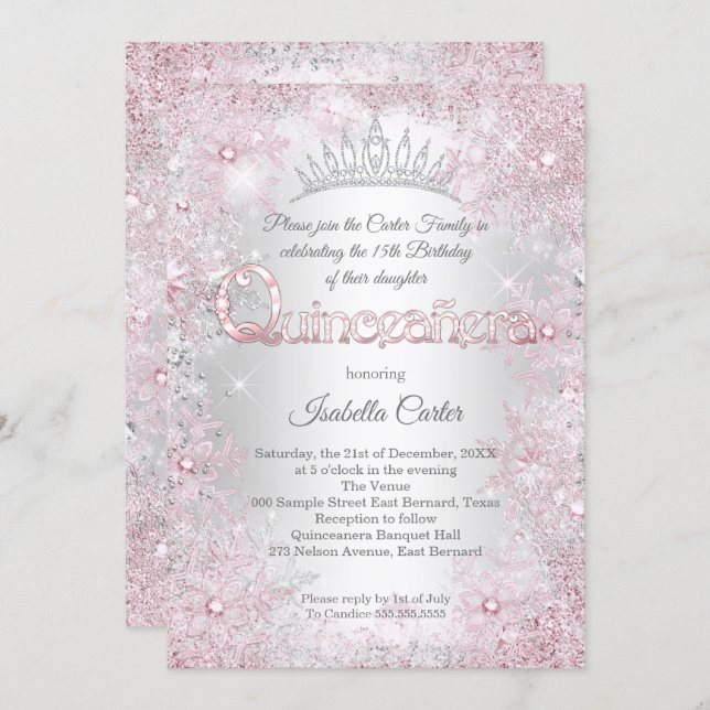 Princess Quinceanera Birthday Party Pink Silver Invitation (Front/Back)