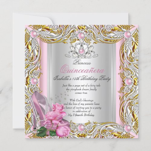 Princess Quinceanera Birthday Pink Rose Gold Invitation