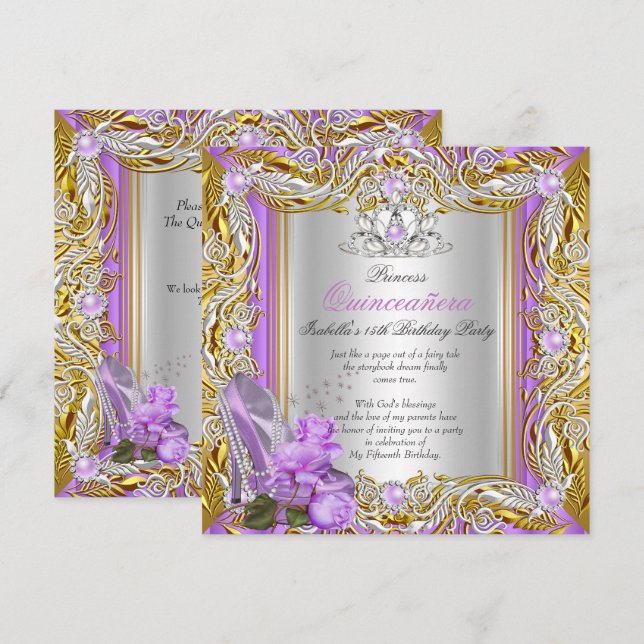 Princess Quinceanera Birthday Purple Rose Gold 2 Invitation (Front/Back)