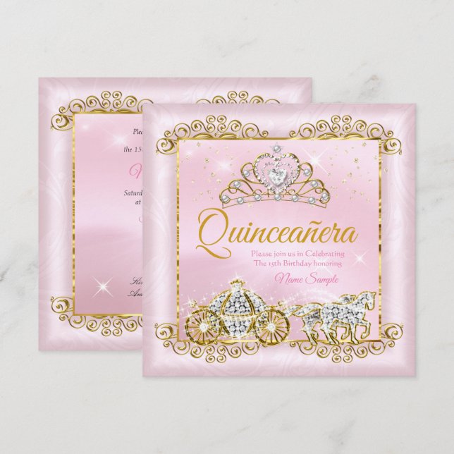 Princess Quinceanera Blush Pink Gold carriage Invitation (Front/Back)