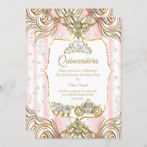 Princess Quinceanera carriage gold pink white Invitation