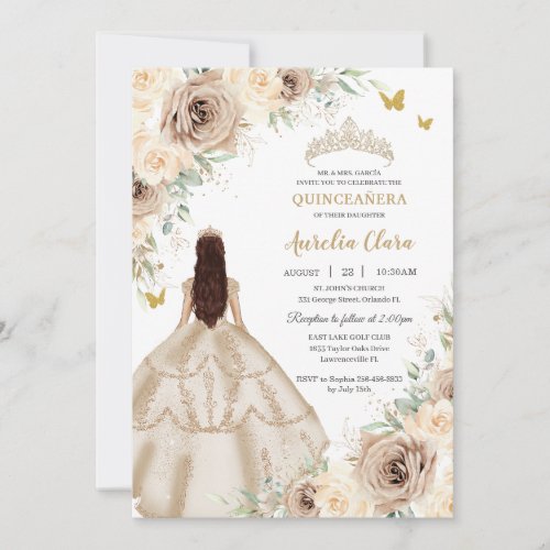 Princess Quinceaera Champagne Floral Roses Dress  Invitation