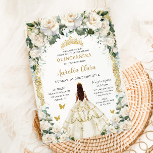 Princess Quinceañera Champagne Ivory Roses Dress  Invitation