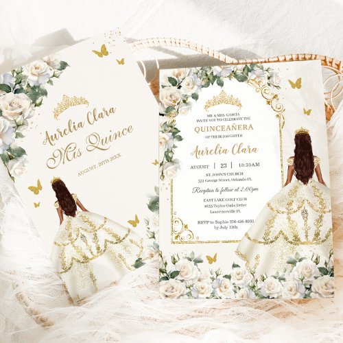 Princess Quinceaera Champagne Ivory Roses Dress  Invitation