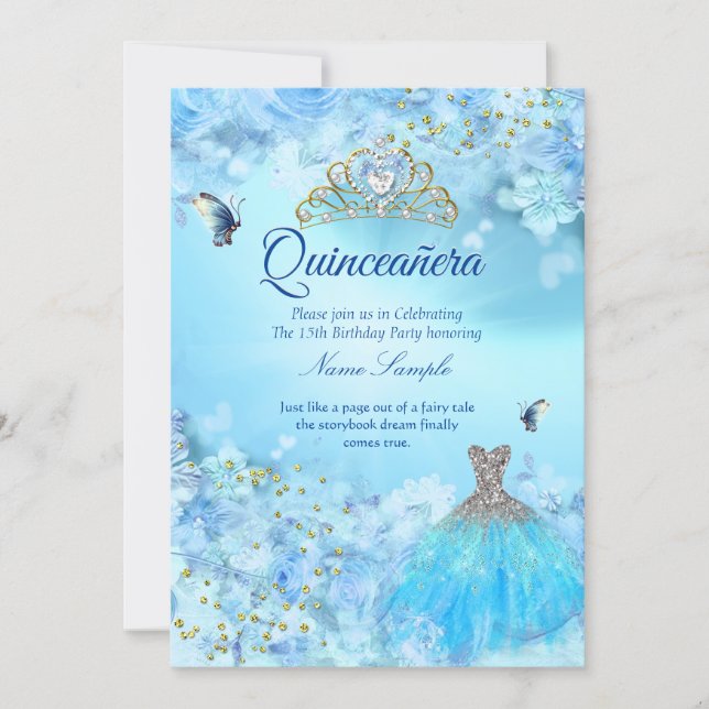 Princess Quinceanera cinderella blue floral dress Invitation (Front)