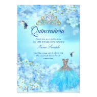 Princess Quinceanera cinderella blue floral dress Invitation