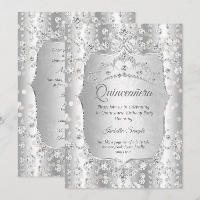 Princess Quinceanera diamond silver white tiara Invitation (Front/Back)